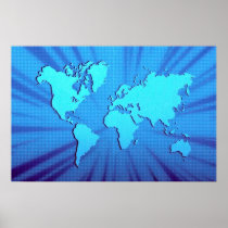Blue graphic world map bed print