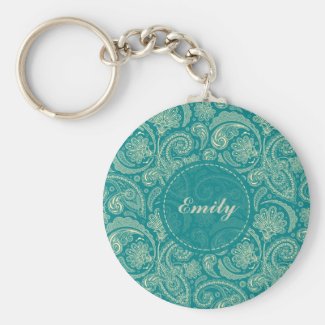 Blue-Green And Beige Creme Vintage Paisley Basic Round Button Key Ring