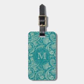 Blue-Green And Beige Creme Vintage Paisley Tags For Luggage