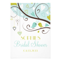 Blue & Green Lovebirds Bridal Shower Invitations