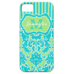 Blue, Green, White Striped Damask iPhone 5