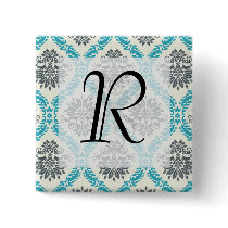 blue grey and cream elegant damask pinback button
