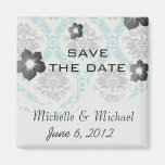 blue grey and cream elegant damask fridge magnets