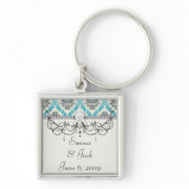 blue grey and cream elegant damask keychain