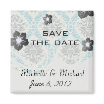 blue grey and cream elegant damask fridge magnets