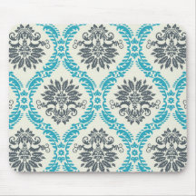 blue grey and cream elegant damask mousemat