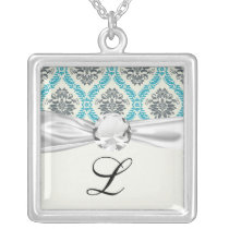 blue grey and cream elegant damask necklace