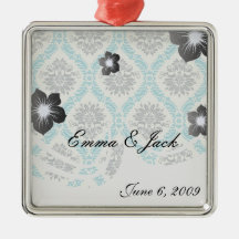 blue grey and cream elegant damask christmas ornament