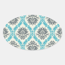 blue grey and cream elegant damask oval sticker