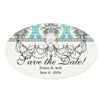 blue grey and cream elegant damask oval stickers