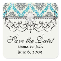 blue grey and cream elegant damask square sticker