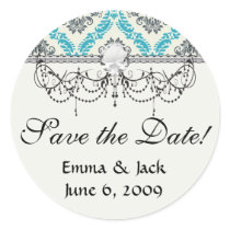 blue grey and cream elegant damask round stickers