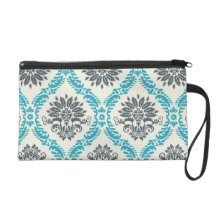 blue grey and cream elegant damask wristlet purses