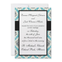 blue grey and ecru cream elegant damask personalized invitations