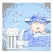 Blue Grey Baby Boy Sip And See Invitations
