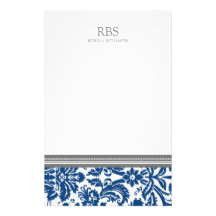 Blue Grey Damask Custom Monogram Stationery