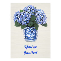 Blue Hydrangeas in a Floral Ceramic Pot Invitation