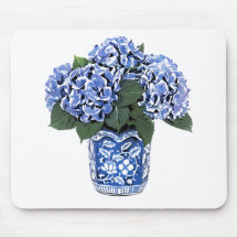 Blue Hydrangeas in a Floral Ceramic Pot Mousepad