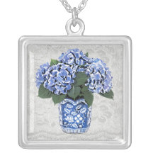 Blue Hydrangeas in a Floral Ceramic Pot Pendant