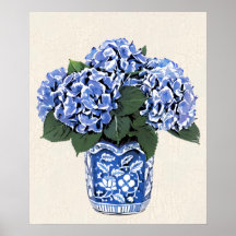 Blue Hydrangeas in a Floral Ceramic Pot Posters