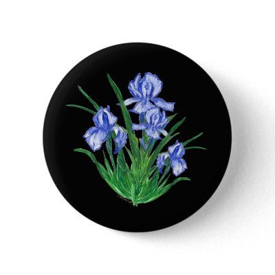 Blue Iris on black Pinback Buttons by DRCrafts