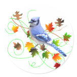 Blue Jay & Fall Leaves Round Sticker