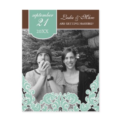 Blue Leaf Swirl Damask 2 Save the Date Postcard by AudreyJeanne