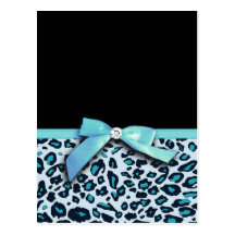 Blue leopard print ribbon bow graphic post cards