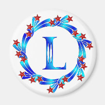 Blue Letter L Monogram Red Stars Fridge Magnet
