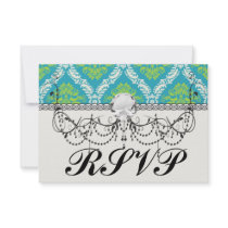 blue lime green and cream ornate damask personalised announcements