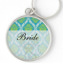blue lime green and cream ornate damask key chain