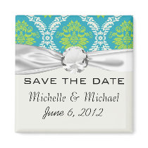 blue lime green and cream ornate damask fridge magnet