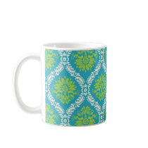 blue lime green and cream ornate damask mugs