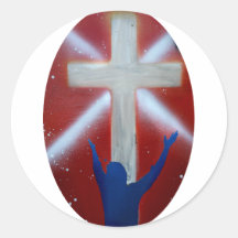 Blue Man raises arms up to cross on red back Stickers