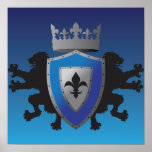 Blue Mediaeval Lion Heraldry Poster