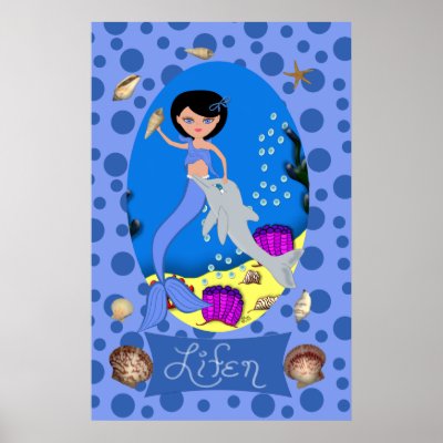 Blue Mermaid and Dolphin Print by KirstenEdwards