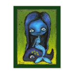 Blue mermaid on a whale taxi postcards
