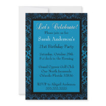 Blue Metallic Damask Birthday Invitation