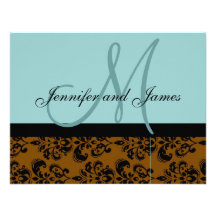 Blue Monogram Brown Damask Wedding RSVP Card Personalised Announcement