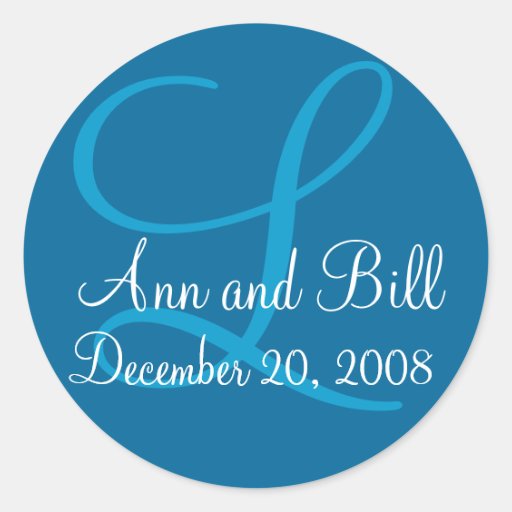 Blue Monogram L, First Names and Date Seal Round Stickers