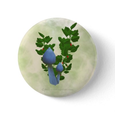 Blue Mushrooms with Red Flowers Button by Rockangel1