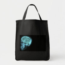 Blue Neon Side View X-ray Skull on Black Canvas Bag