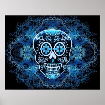 Blue on Black Calavera Print by artgrrlproductions