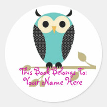 Blue Owl On Limb Name Tag Round Stickers