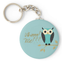 Blue Owl On Limb Who Me? Keychains