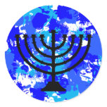 Blue Paint Splatter Menorah Round Stickers