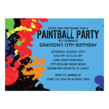 Blue Paintball Splatter Paintball Birthday Party Custom Announcements