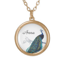Blue Peacock with beautiful tail feathers Personalised Necklace