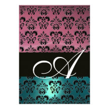 BLUE PINK BLACK  DAMASK MONOGRAM ,bright white Personalised Announcements