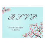 Blue pink cherry blossoms wedding RSVP postcard
